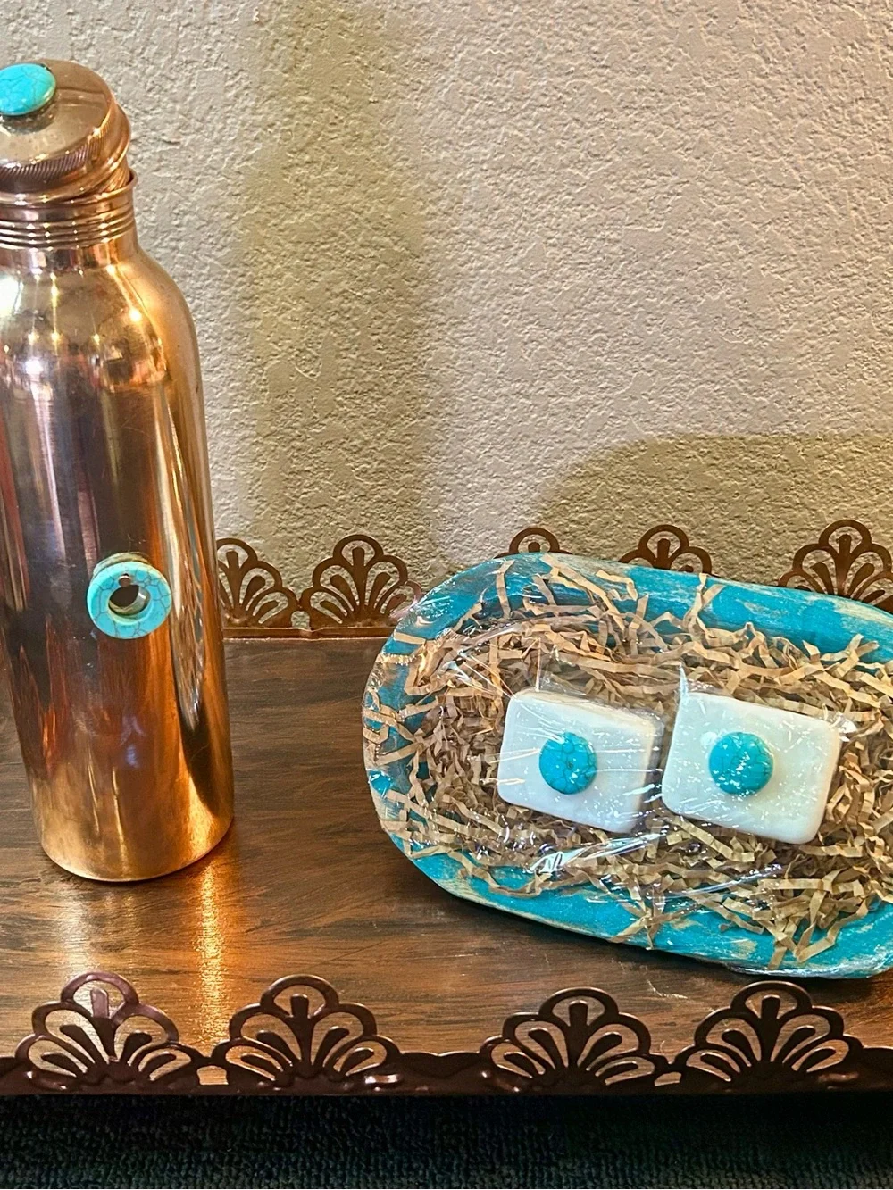 Luxurious Artisan Copper & Turquoise Spa Gift Bundle, set on a Gorgeous Tray!